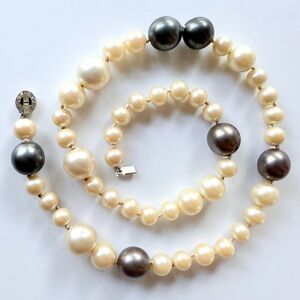 Vintage 1960s Kenneth Jay Lane Faux Tahitian and Cream Pearl Rhinestone Necklace